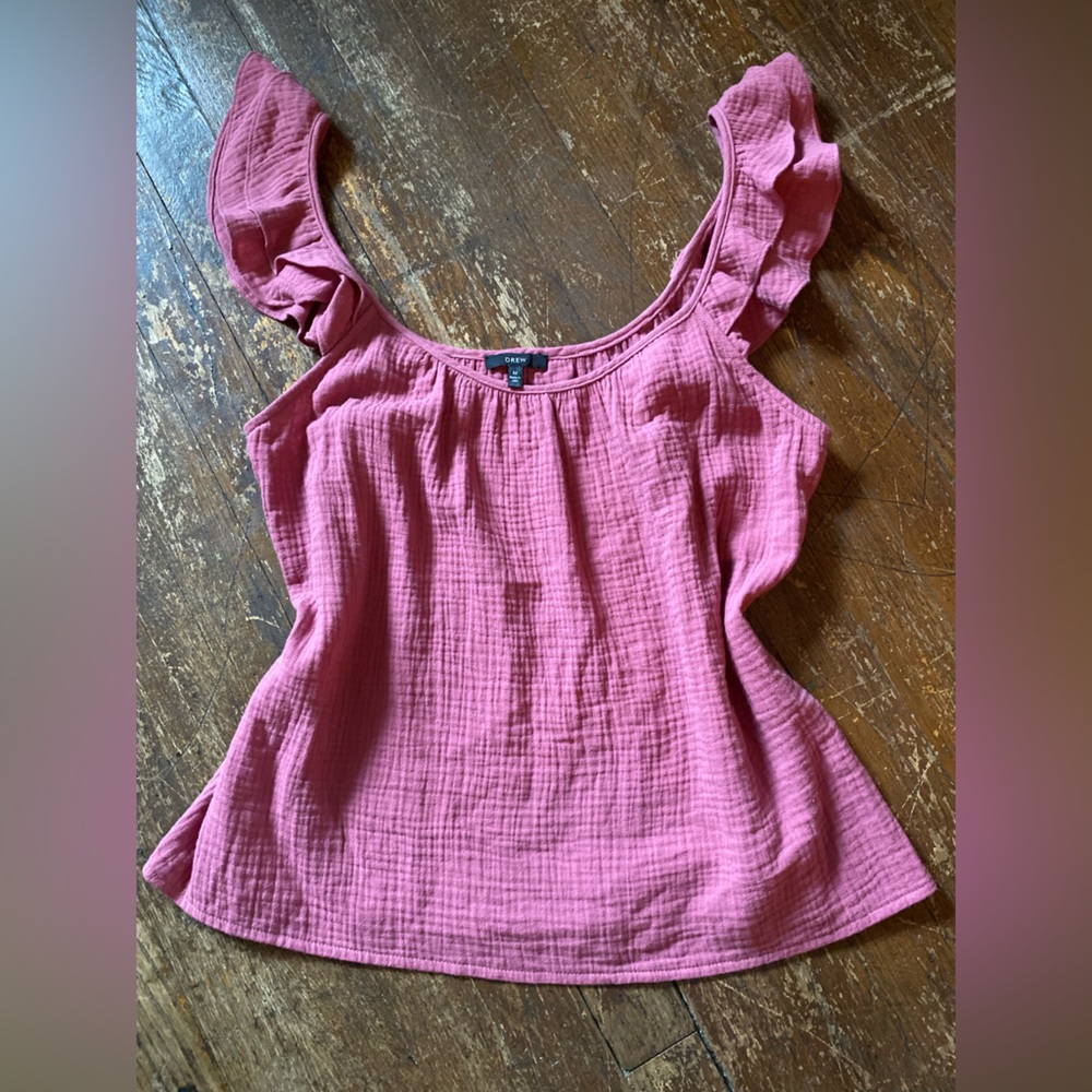 DREW Pink Textured Ruffle Shoulder Tank Top Size MD